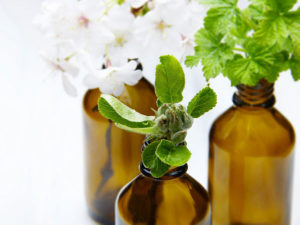 Fioles d'huiles essentielles avec plantes